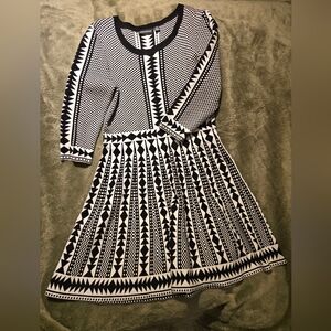Nina Leonard black and white geometric print fit & flare sweater dress. 